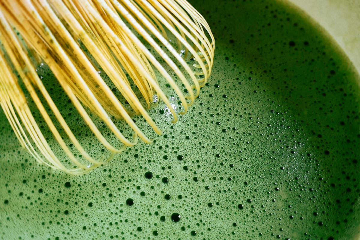 A bamboo whisk in vibrant green matcha — first light